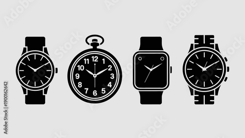 a collection of four distinct timekeeping devices is displayed showcasing a variety of watch styles and designs in a black silhouette high quality professional detailed modern