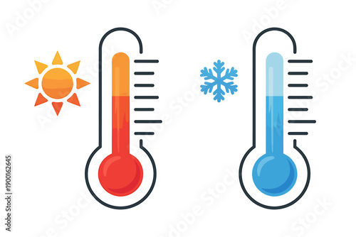 Weather temperature icons with thermometers and sun snow symbols
