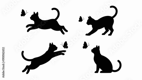 a playful scene depicts four black silhouettes of cats in various leaping and sitting poses interacting with fluttering butterflies high quality professional detailed modern elegant stylish