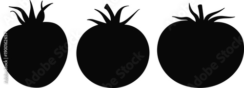 Black silhouette strawberry and tomato fruits isolated on white background, fresh organic food illustration for agriculture, healthy nutrition, vegan lifestyle, minimalist design use