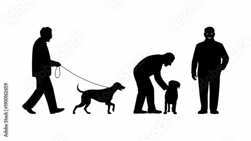 a silhouetted depiction shows a man walking a dog another bending to pet a dog and a third standing with a dog high quality professional detailed