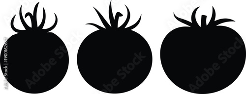 Black silhouette tomato set isolated on white background, fresh vegetable illustration concept for agriculture, healthy food, organic produce, cooking, nutrition, and minimalist design use