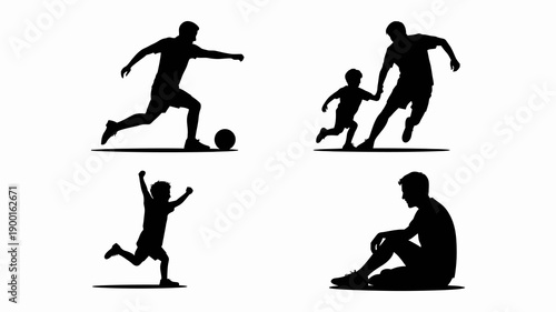 silhouette depictions showcase a father and son engaged in playful activities including soccer and joyful moments together creating a heartwarming scene high quality professional detailed modern