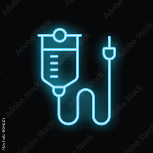 Neon blue iv intravenous saline drip medical icon sign symbol design