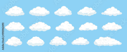 Collection of various white cartoon clouds on blue sky background