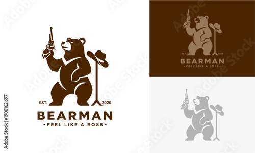 A bear holding a bottle and standing next to a microphone on a stand is depicted in various monochromatic illustrations