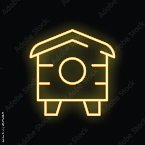 Neon yellow line icon of a beehive glowing on a black background