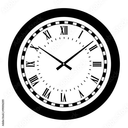 Classic Roman numeral clock face with black and white design