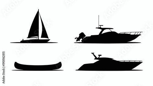 a minimalistic depiction showcases silhouettes of a sailboat motorboat rowboat and yacht all in stark black contrast against a white backdrop high quality professional detailed modern