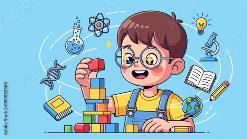 Young student building blocks with science and education elements