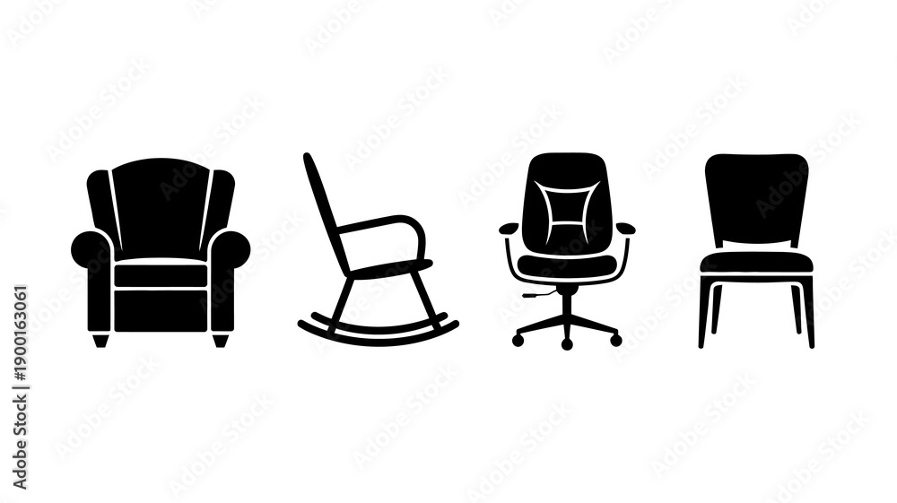 Fototapeta premium a collection of four distinct chair silhouettes displayed in black against a plain white background offering a simple furniture arrangement high quality professional detailed modern elegant