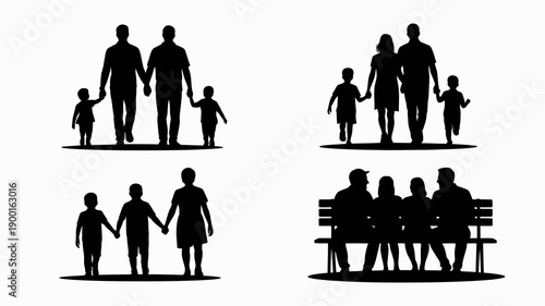 a collection of silhouettes depicts diverse family units engaging in activities like walking sitting and holding hands together high quality professional detailed modern elegant stylish clean