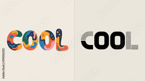 The image displays the word cool presented in two distinct typographic styles one colorful and fluid the other monochrome and structured high quality professional detailed modern