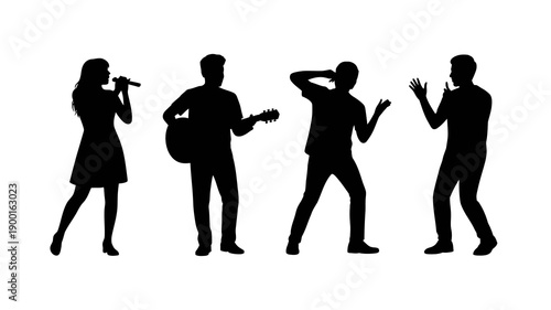 a silhouette depiction of a musical band performing on stage with a vocalist guitarist and energetic supporting members high quality professional detailed modern elegant stylish clean