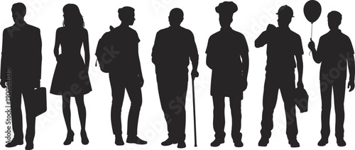 People silhouettes in different professions and lifestyles isolated on white background, diverse characters collection for society, workforce, community, urban life, and modern human concept design