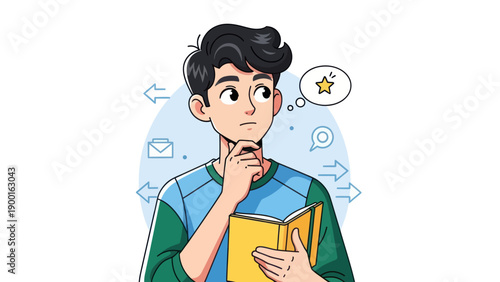 Young man thinking with thought bubble idea concept illustration