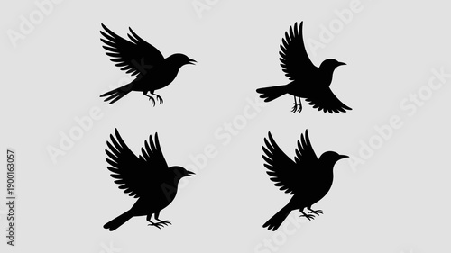 A minimalistic illustration depicts four black silhouettes of crows in various flight poses against a neutral gray background high quality professional detailed modern elegant stylish clean