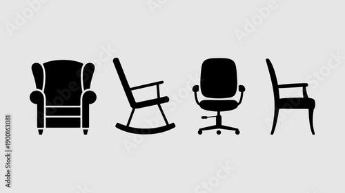a minimalist illustration displays a collection of four distinct chair silhouettes in a monochromatic scheme emphasizing form and design high quality professional detailed modern elegant stylish