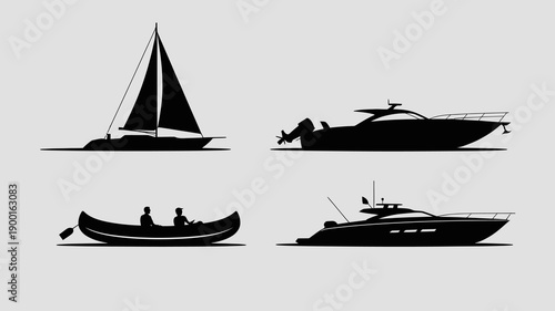 a collection of silhouetted watercraft including a sailboat a motorboat a gondola and a small yacht all against a neutral gray backdrop high quality professional detailed