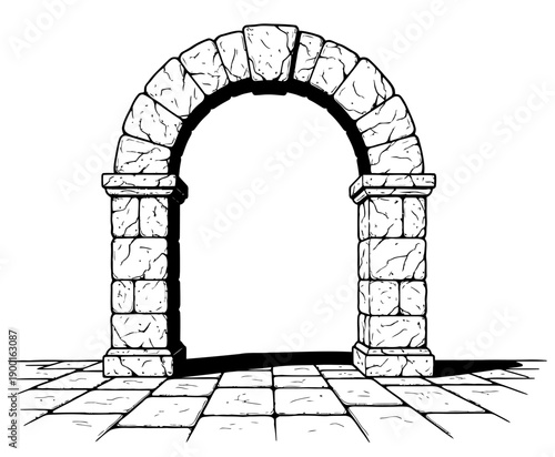 Vintage stone archway standing on tiled floor