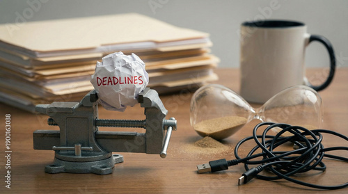 Deadline pressure and time management concept with desk vise and hourglass