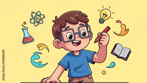 Young student drawing ideas with creative elements and symbols in illustration