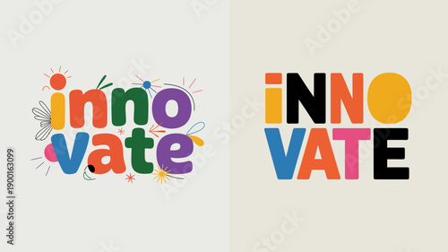 The image displays two distinct typographic designs of the word innovate each with a unique color palette and stylistic approach to the lettering high quality professional