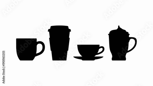 a simple black and white illustration depicting four different types of coffee or tea serving vessels in silhouette high quality professional detailed modern elegant stylish clean