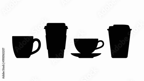 a minimalistic illustration depicts four black silhouettes of coffee and tea containers showcasing various cup styles and forms in a row high quality professional detailed modern