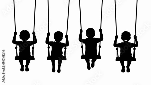 a minimalist depiction showcases four silhouetted figures joyfully swinging on simple rope swings against a stark white background evoking childhood innocence high quality professional detailed modern