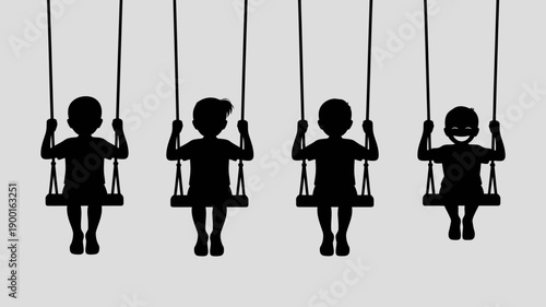 a minimalist illustration depicts four silhouetted figures seated on swings suspended from above suggesting childhood play and a serene atmosphere high quality professional detailed modern elegant