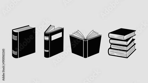 A minimalist illustration depicts four books in varying positions showcasing a closed volume an open book and stacked literary works high quality professional detailed modern elegant