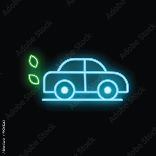 Glowing neon icon of an electric vehicle leaving a trace of green leaves symbolizing its eco friendly technology