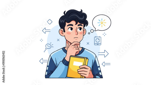 Young man thinking with thought bubble illustration for business concept