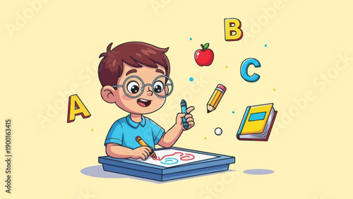 Young student drawing with crayons surrounded by floating educational items