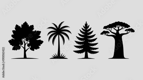 a minimalist depiction showcases four distinct tree silhouettes against a pale gray backdrop representing diverse botanical forms and natural elements high quality professional detailed modern elegant