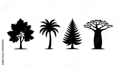 a simple black and white illustration shows four distinct tree silhouettes each representing a different species and form of vegetation high quality professional detailed modern elegant
