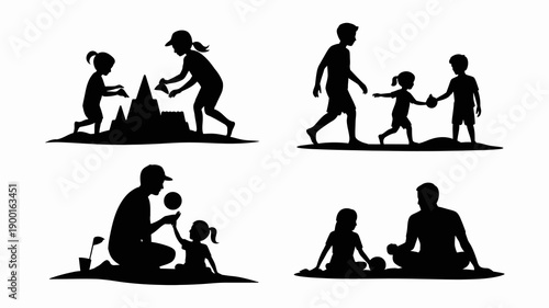 a silhouette depiction of a family enjoying a day at the beach building sandcastles and playing together in the warm sunshine high quality professional detailed modern