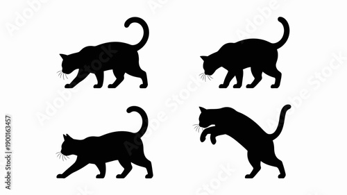 A minimalist composition showcasing four black silhouettes of cats in various walking and stretching poses against a plain white background high quality professional detailed modern elegant