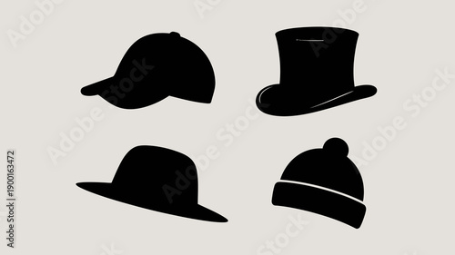 a simple illustration depicts four distinct headwear silhouettes against a neutral beige background showcasing a baseball cap top hat fedora and beanie high quality professional detailed