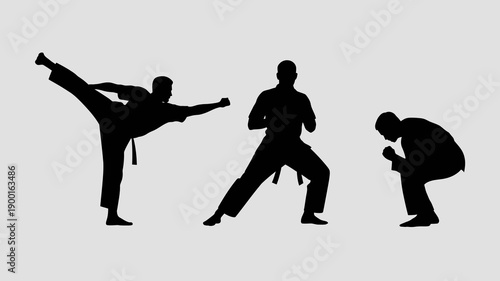 a silhouette depiction of three individuals engaged in various martial arts poses showcasing dynamic movement and strength training high quality professional detailed modern elegant stylish clean