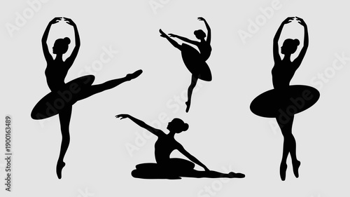 an elegant illustration depicting four silhouetted ballet dancers in varying poses against a light grey background showcasing grace and artistic movement high quality professional detailed modern