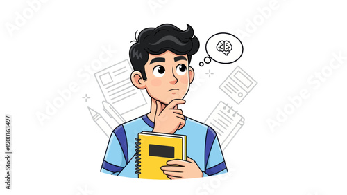 Young man thinking with thought bubble notebook and papers illustration