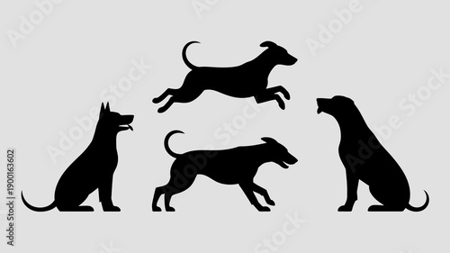 a minimalistic illustration depicts four canine silhouettes showcasing different dog postures and breeds in a simple monochromatic style high quality professional detailed modern elegant stylish clean