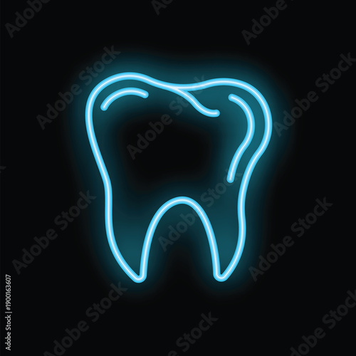 Blue neon light glowing in the shape of a tooth on a black background, great for dentists