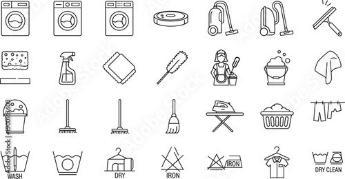 Laundry and Cleaning Line Art Icon Set with Washing Machines Vacuum Iron and Household Care Symbols