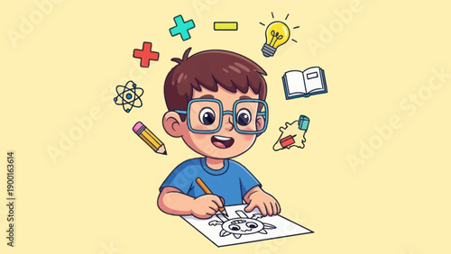 Young student drawing with creative ideas surrounded by educational symbols