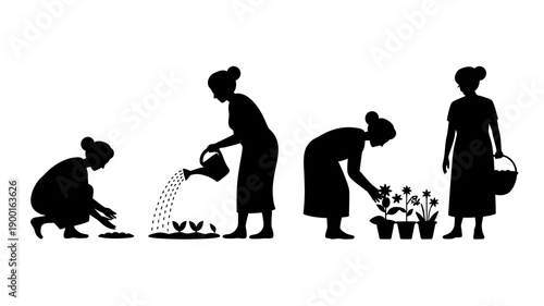 a silhouette illustration depicts the lifecycle of a woman beginning with crawling and ending with walking with a basket high quality professional detailed modern elegant stylish