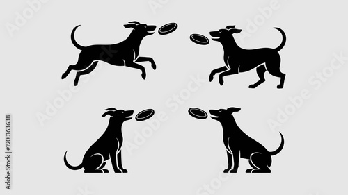 a playful illustration depicts four black silhouette dogs interacting with frisbees showcasing their energetic jumps and joyful pursuit of the flying discs high quality professional detailed