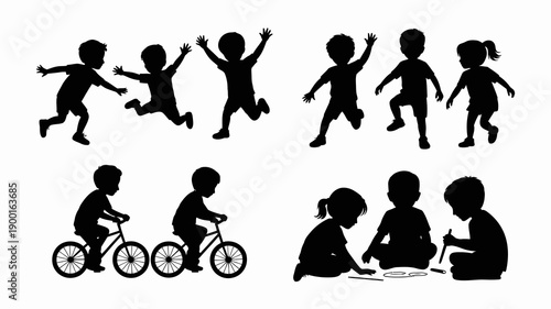 a collection of black silhouette figures depicting children engaged in various playful activities such as jumping cycling and building high quality professional detailed modern elegant stylish